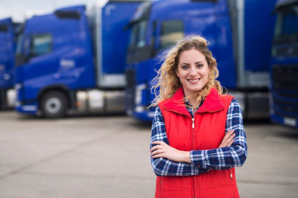 Lkw-Fahrer Beruf. Porträt einer Lkw-Fahrerin in Casua